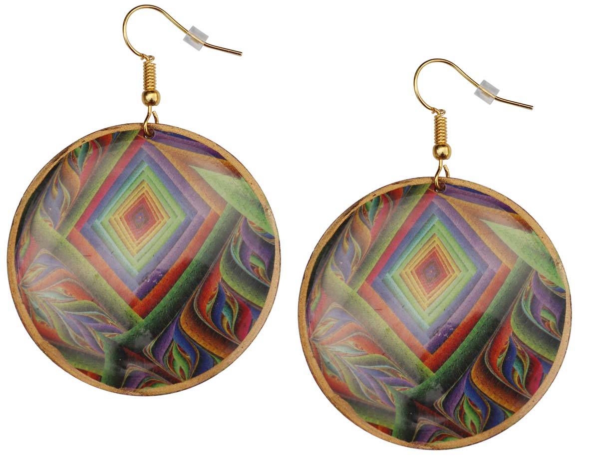 2.5” Pair of Round Hook Earrings in Brass - Colorful Illusionary Pattern - Drop Earrings / Women Fashion Jewelry - Buy in Bulk Wholesale